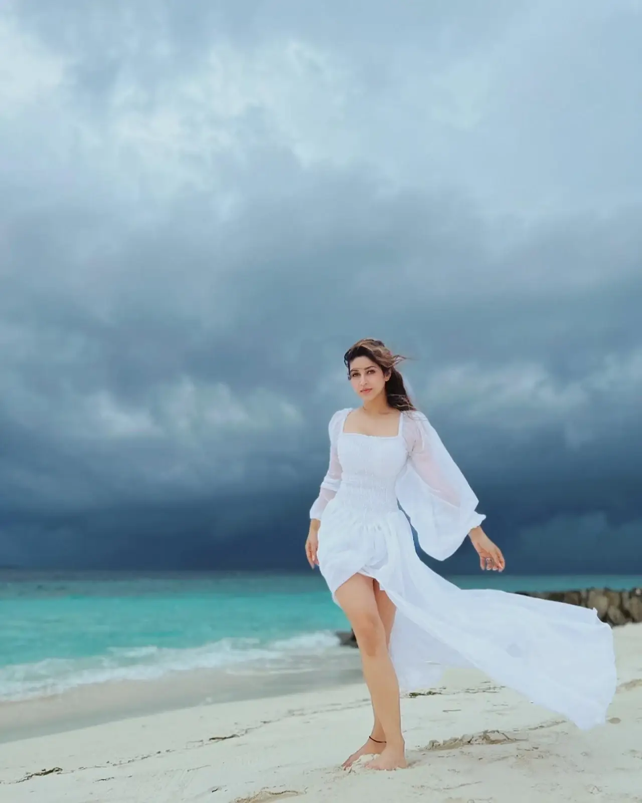 North Indian Girl Sonarika Bhadoria Long Legs Show in White Top